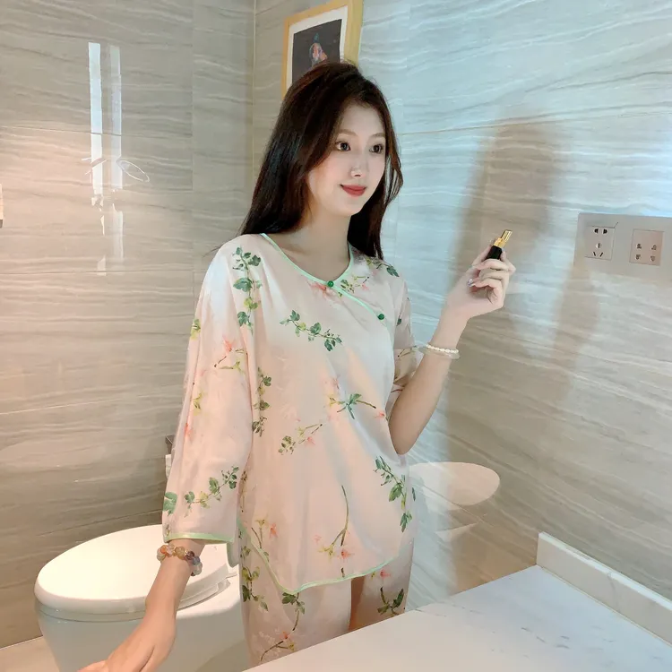 冰雪丝女薄款圆领七分袖睡衣家居服国风印花休闲两件套
