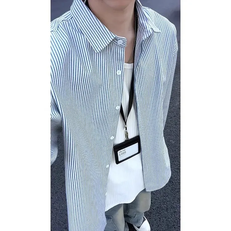 暗扣黑白条纹衬衫男秋季美式复古休闲长袖衬衣高级感男士外套