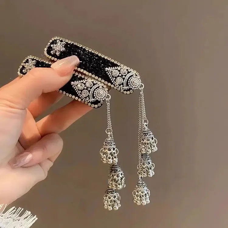 黑色纯手工铃铛流苏发夹女复古刘海侧边夹民族风发卡气质BB夹头饰