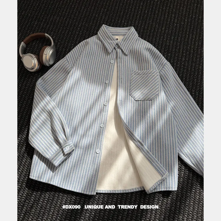 男款小香风加绒长袖衬衫外套保暖设计感冬季复古小众秋冬条纹衬衫