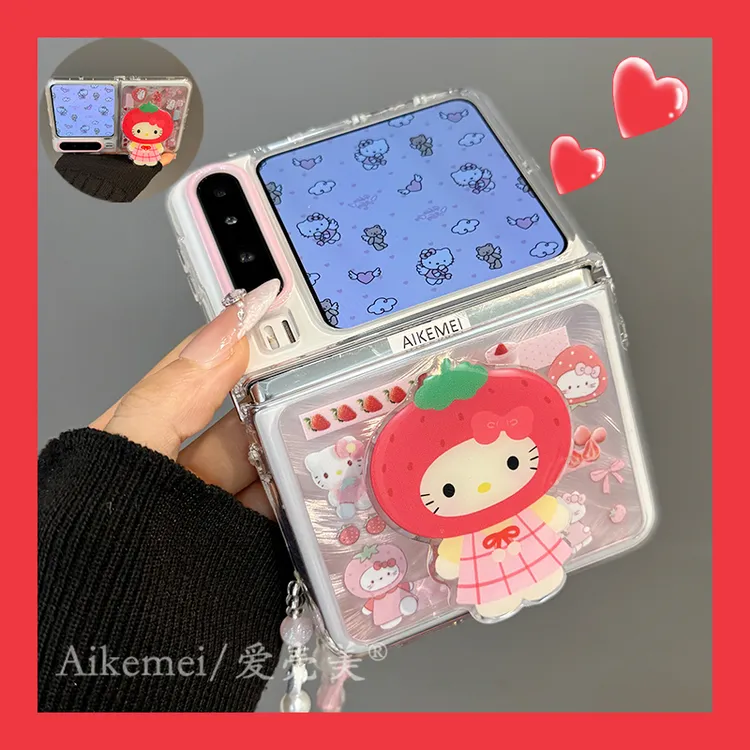 适用华为purax折叠屏手机壳卡通Kitty猫pocket2粉色草莓蛋糕支架