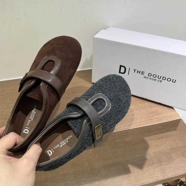 复古加绒一脚蹬玛丽珍鞋女2025新款玛丽珍鞋韩版一字带毛呢乐福鞋