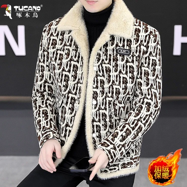 啄木鸟男士个性加绒夹克男冬季轻奢毛领上衣潮流皮毛一体呢子外套