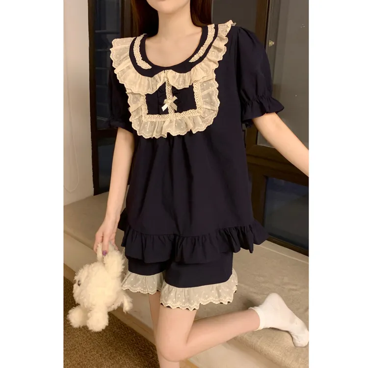 夏天甜美公主风蕾丝花边纯棉短袖睡衣女款夏季宽松薄款家居服套装