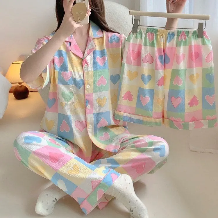 2025年夏季睡衣少女短袖短裤长裤三件套云朵棉爱心卡通学生家居服