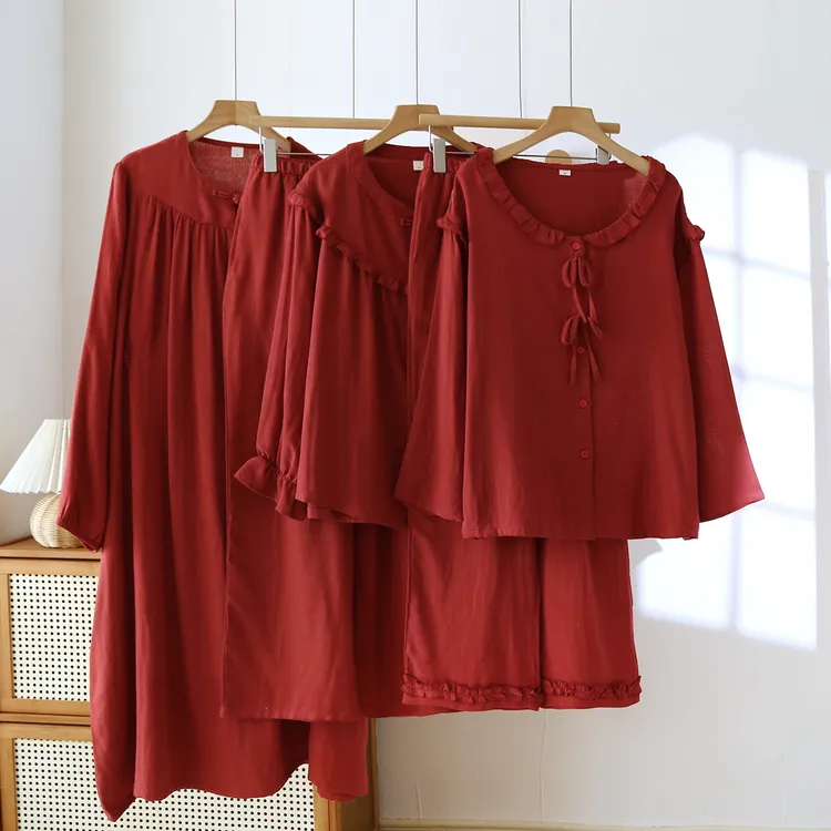 纯棉纱布睡衣女款春秋季2026新款红色喜庆本命年结婚全棉家居服夏