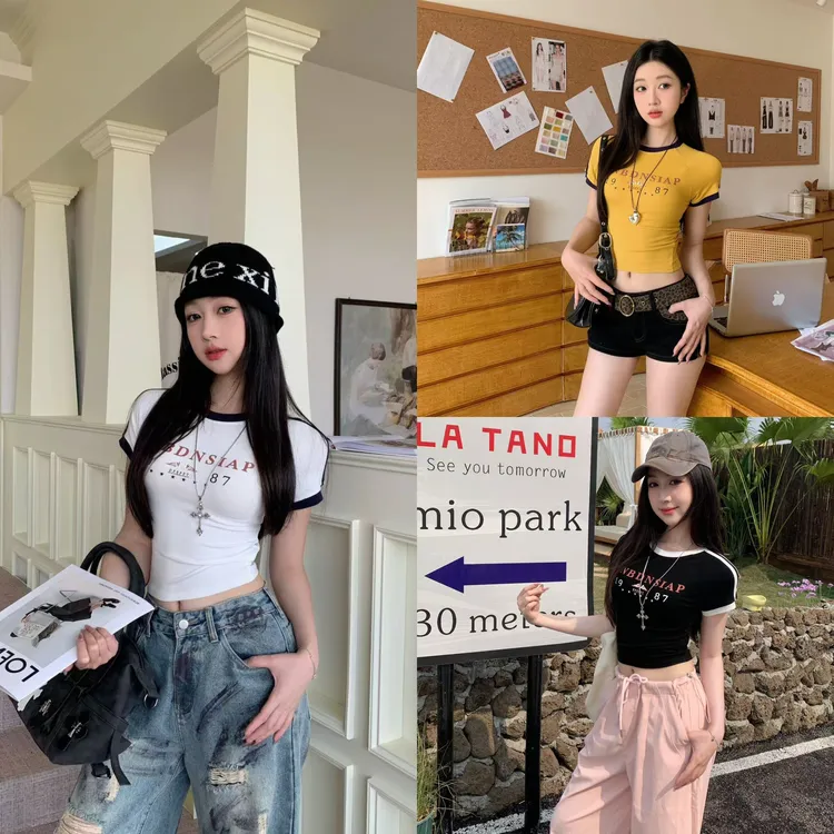美式复古字母印花百搭拼色短袖T恤女2025夏季辣妹紧身显瘦上衣