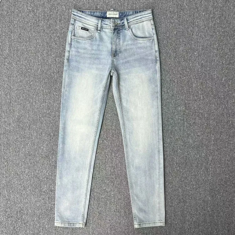 男长裤休闲拉链牛仔裤简约春夏男士时尚破洞修身浅蓝水洗牛仔裤子