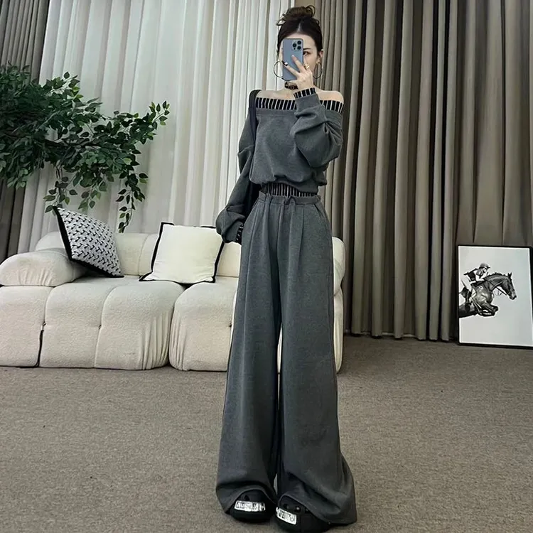 时尚休闲运动套装女春季韩系宽松慵懒一字肩长袖卫衣阔腿裤两件套