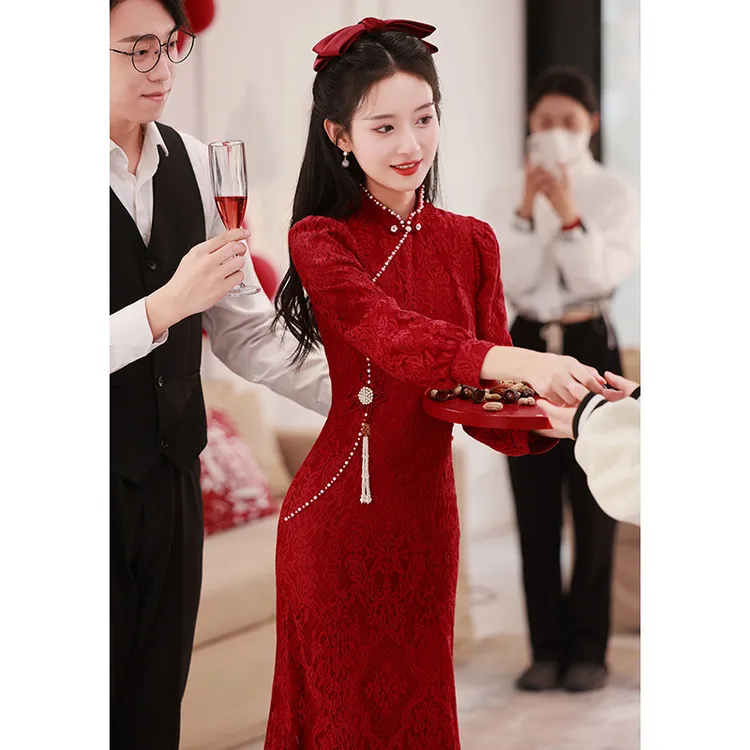 敬酒服旗袍蕾丝红色新娘礼服裙长袖结婚短袖气质鱼尾订婚女