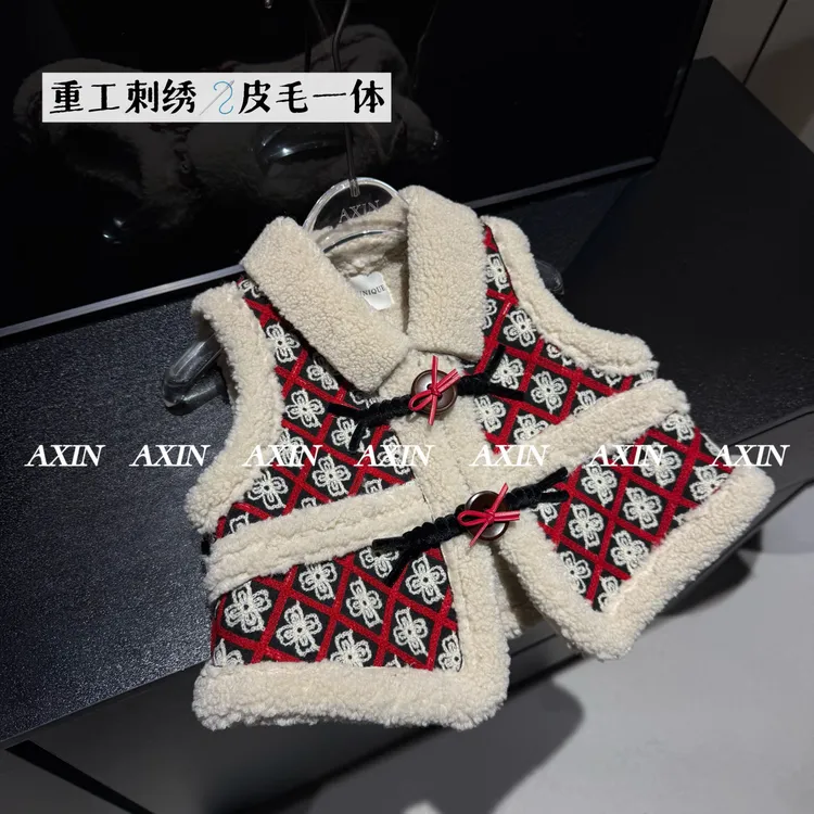 AXIN【猫冬】原创皮毛一体刺绣民族风国风秋冬马甲女童亲子