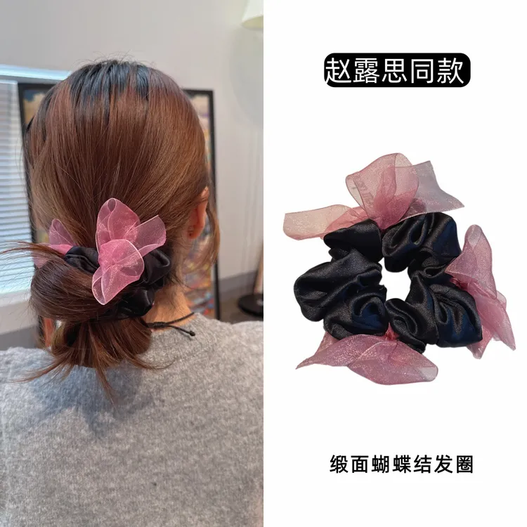 温柔网纱粉色蝴蝶结发圈韩系甜美大肠发圈丸子头头绳头花耀眼发饰