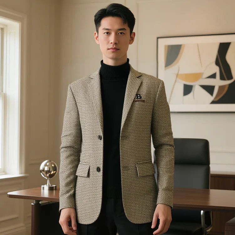 2025春季男士商务休闲西服修身韩版小西装中年青年男外套格子格纹