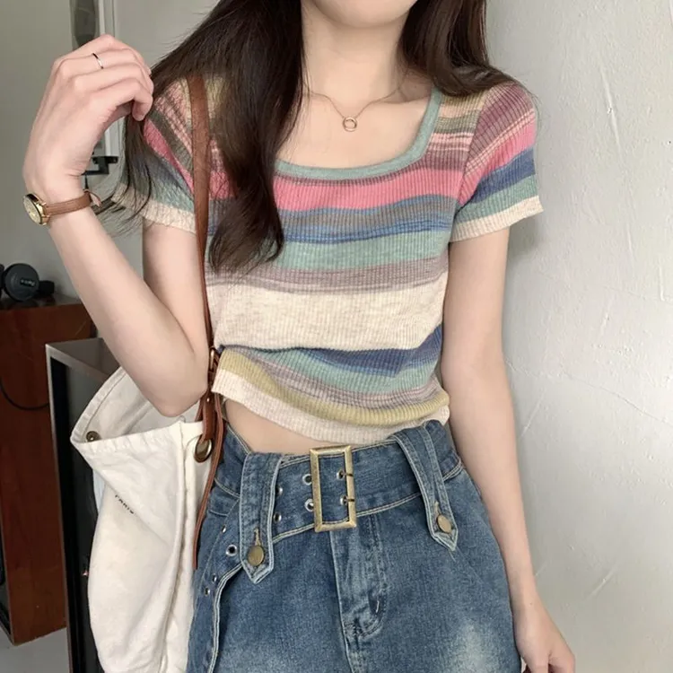 彩虹条纹方领正肩针织短袖恤女夏薄款设计感纯欲短款甜辣上衣
