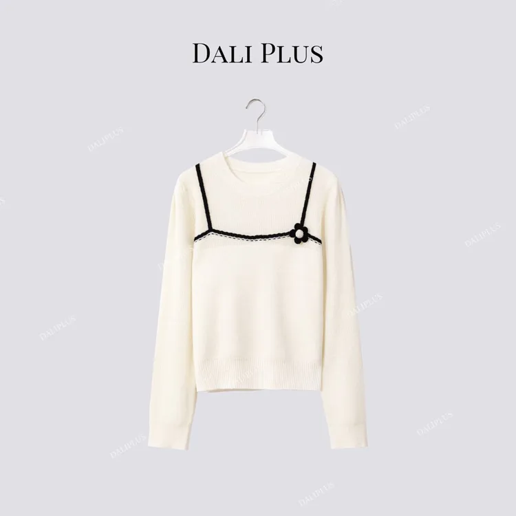 DALI PLUS“苏力羊驼毛”假两件小黑花撞色吊带针织衫-D5MM3238