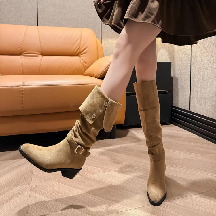 【一靴多穿】翻折尖头堆堆长筒靴显瘦显腿长粗跟骑士过膝瘦瘦靴百搭