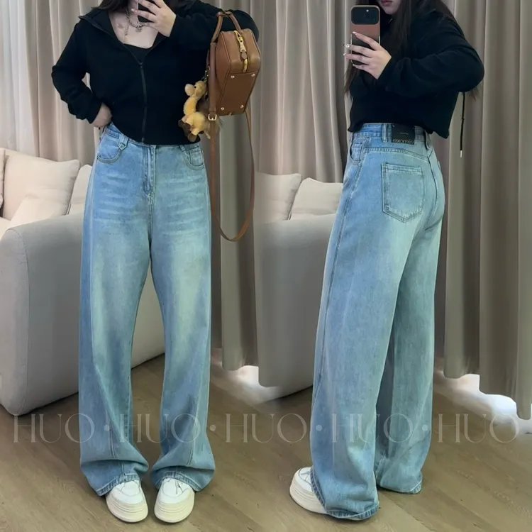 6644#大码春季新款浅蓝色弯刀美式高腰宽松直筒阔腿镰刀裤