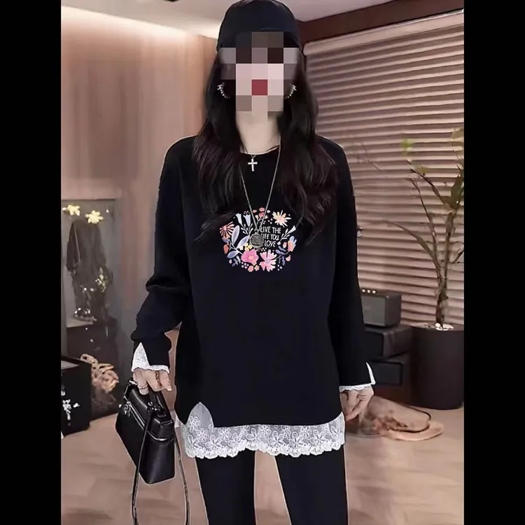 打底衫假两件撞色蕾丝拼接加厚中长款T恤女秋冬新款宽松内搭上衣