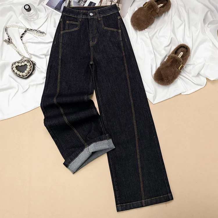 加绒黑金阔腿牛仔裤女秋冬新款2025流行爆款高腰小个子拖地直筒裤