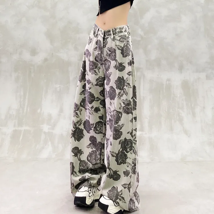 花朵印花设计感休闲牛仔裤女夏新款高腰宽松显瘦百搭直筒阔腿裤潮