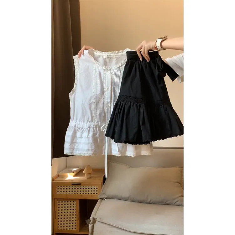 韩系简约白色蕾丝花边衬衫套装女夏季新款休闲高腰短裙裤子两件套