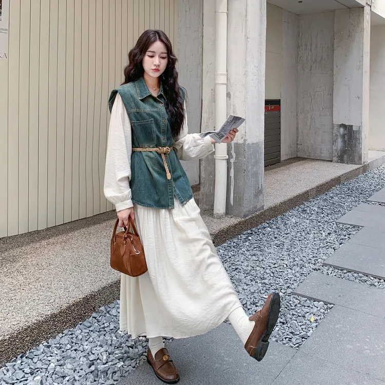法式复古牛仔马甲套装裙女2025秋季新款温柔气质长袖连衣裙两件套