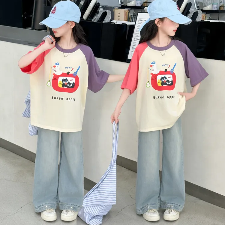 女童套装2025夏季新款洋气时髦阔腿裤短袖两件套女大童儿童夏装潮