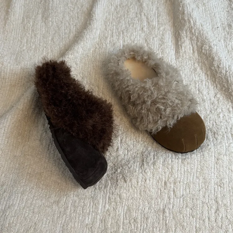 六也「软萌猫爪」乖巧羊卷毛翻领圆头可爱百搭勃肯毛毛拖鞋 L1341