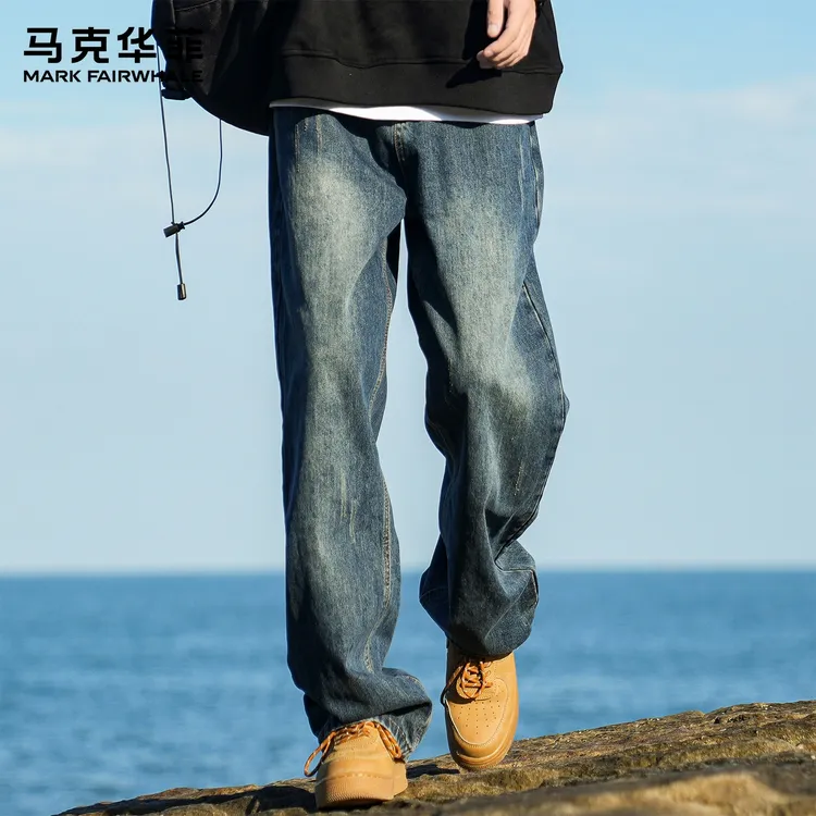 马克华菲牛仔裤2025秋冬季新款宽松加绒加厚美式直筒长裤子男士