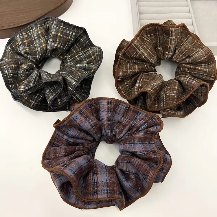 复古咖色格纹双层大肠发圈韩系高级感秋冬丸子头气质百搭发饰