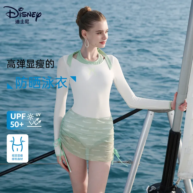 迪士尼女士2025长袖连体显瘦保守泳衣适合户外沙滩度假温泉穿着