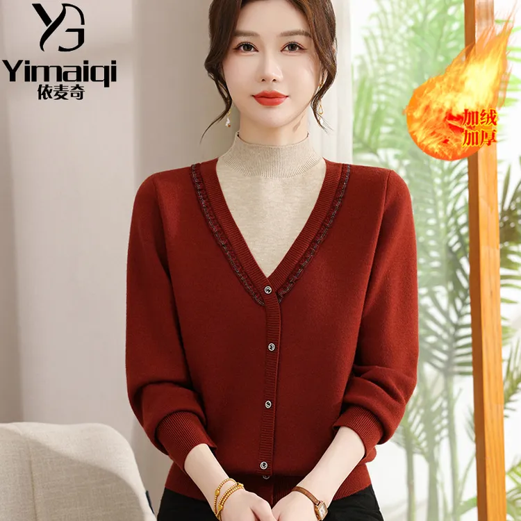 冬季妈妈装气质假两件打底衫保暖加绒上衣中老年女加厚半高领毛衫