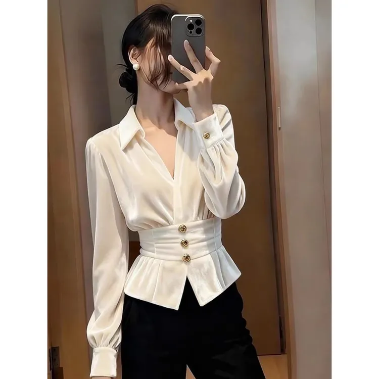 法式轻奢白色V领收腰显瘦丝绒长袖衬衫女秋冬新款名媛风高级上衣