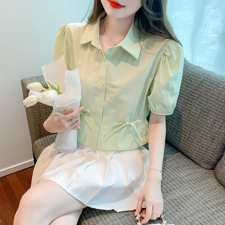 2025韩版夏季新款Polo领系带蝴蝶结泡泡短袖衬衫女小清新短款上衣