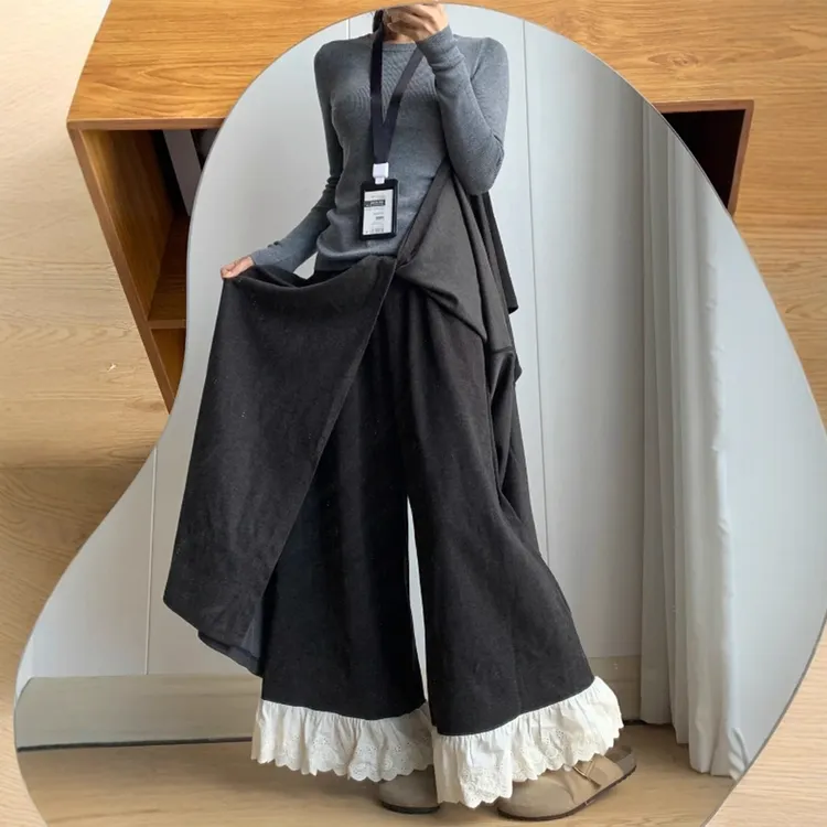 秋季流行梧桐裤裙裤假两件大码女胖mm慵懒风蕾丝拼接新款阔腿裙裤