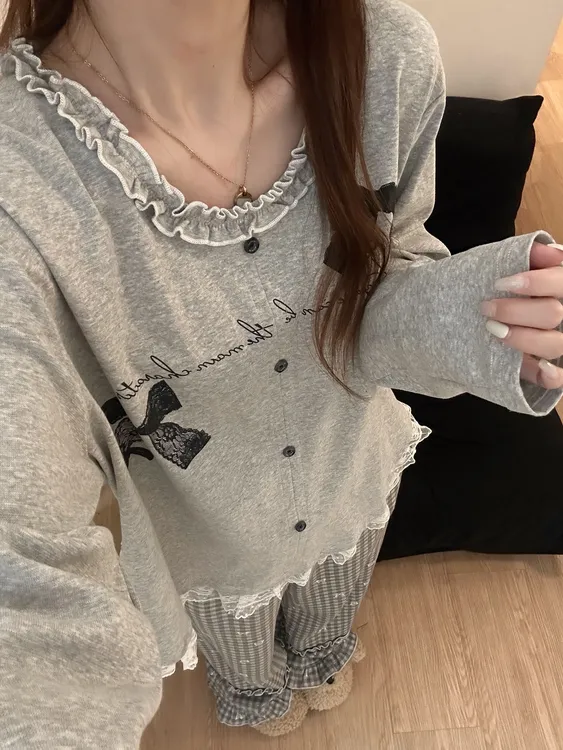 韩系甜美蕾丝花边拼接长袖睡衣女春秋新款灰色格子长裤家居服套装