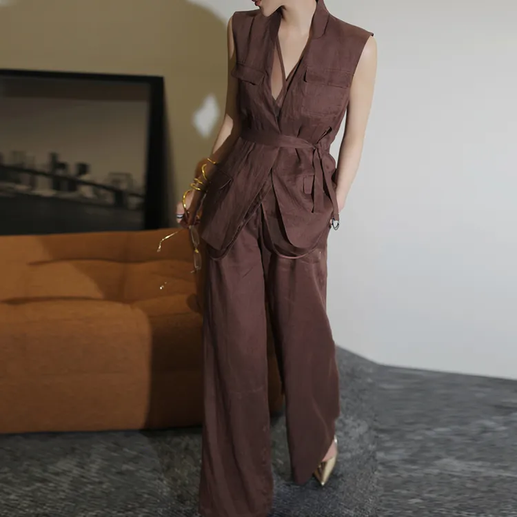 高级感极简老钱风时尚套装咖色系带收腰衬衫裤子两件套夏季