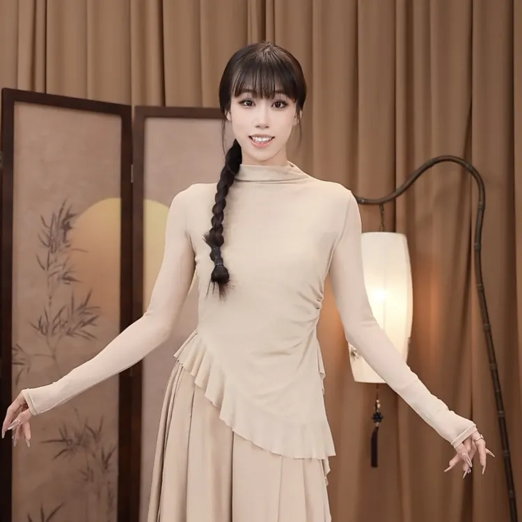 Shishi水纱荷叶摆高领上衣修身舞蹈服瑜伽练功普拉提
