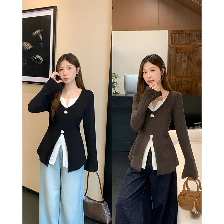 新品2025秋装新款胖mm大码女撞色V领假两件针织衫设计感修身上衣