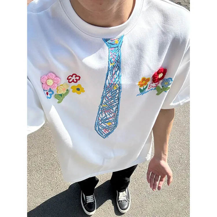 夏季宽松重磅彩绘直喷花卉领带涂鸦短袖男女同款休闲
