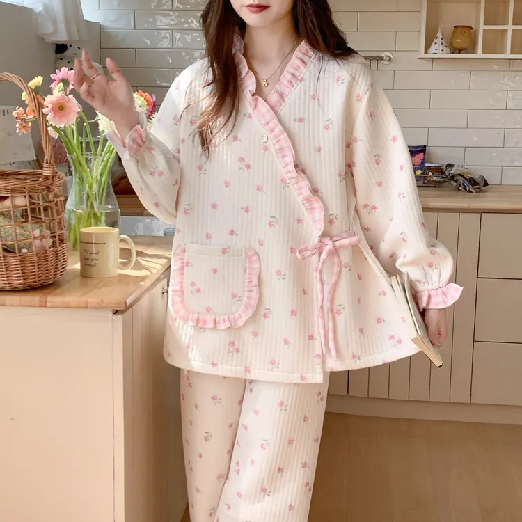 孕妇秋冬季月子服大码哺乳睡衣空气棉和服产后保暖夹层喂奶家居服