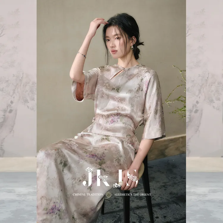 JKJS【花深里】人丝提花 定位印染新中式连衣裙长裙收腰气质裙子