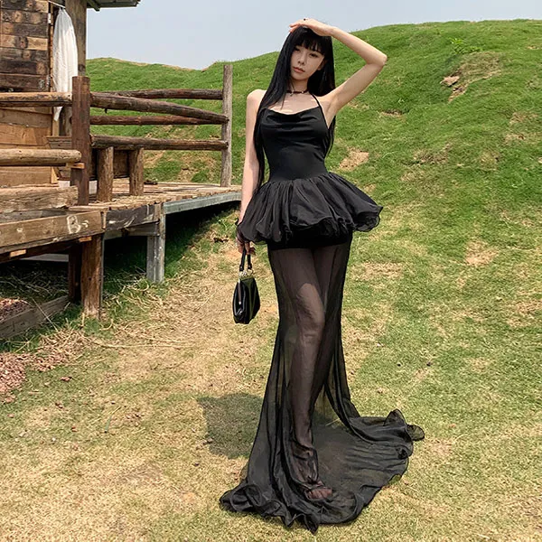 辣妹风性感挂脖吊带抹胸连衣裙2025夏季新款网纱蓬蓬花苞裙长裙女