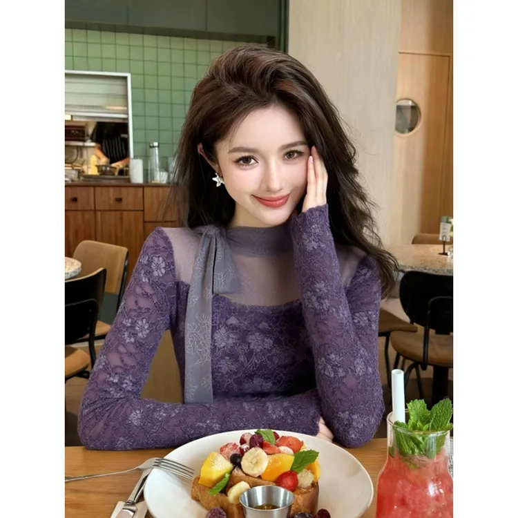 紫色蝴蝶结蕾丝网纱拼接长袖t恤女秋冬纯欲辣妹风内搭打底衫上衣