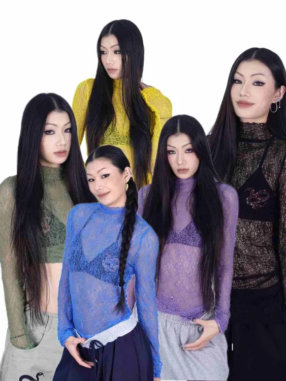 SUANS原创高领网格长袖网纱镂空轻薄个性复古辣妹斜肩长袖上衣