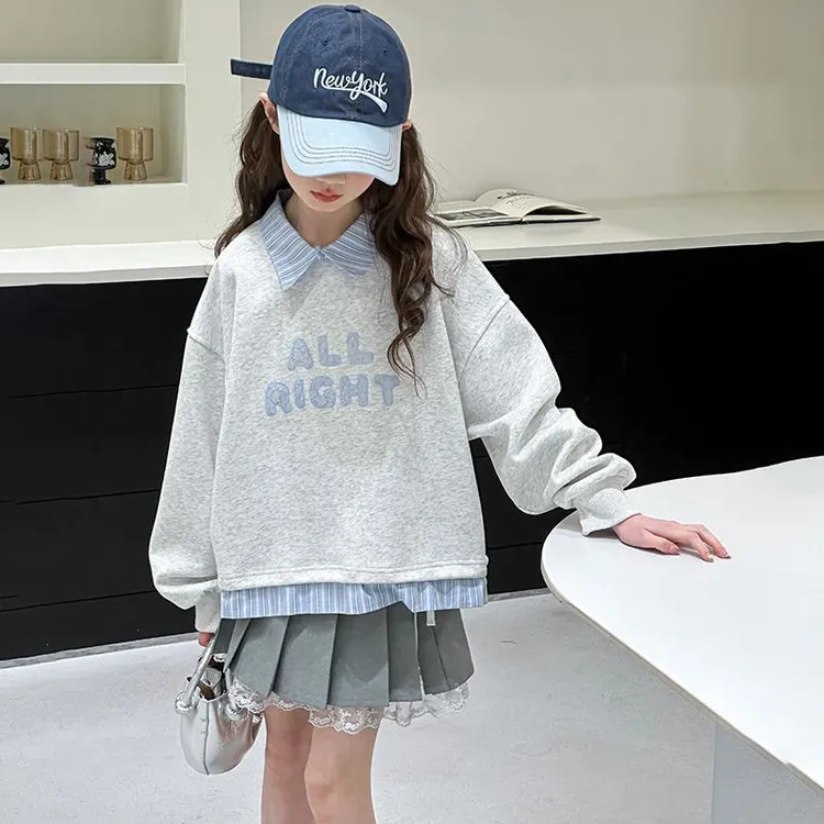 女童中大童polo领长袖卫衣时髦洋气春秋薄款假两件条纹拼接上衣潮
