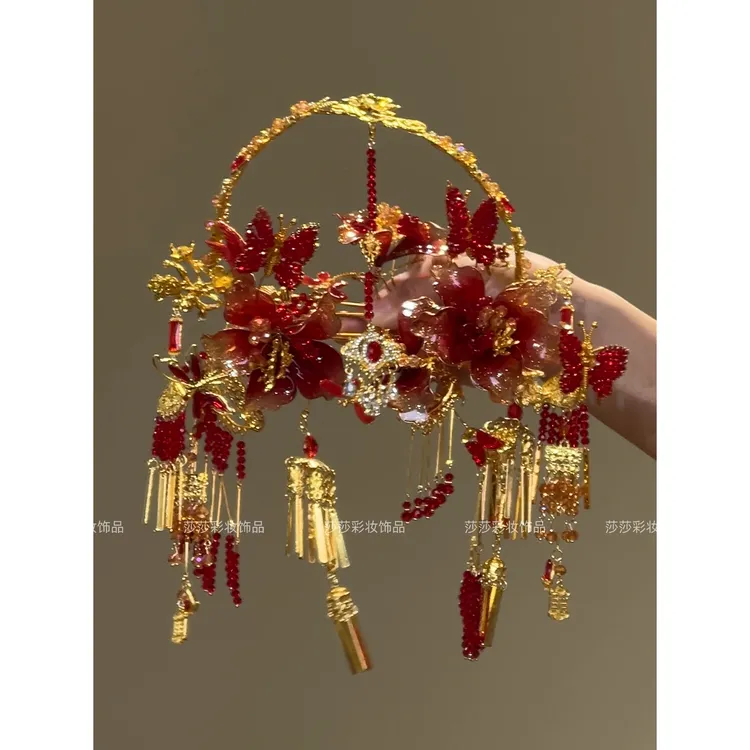 z8538新款红金蝴蝶步摇秀禾新娘头饰中式婚礼发饰大气奢华款