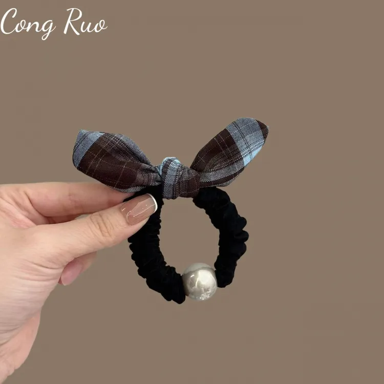韩系甜美珍珠格纹蝴蝶结发绳小清新头饰简约头绳扎发皮筋发饰