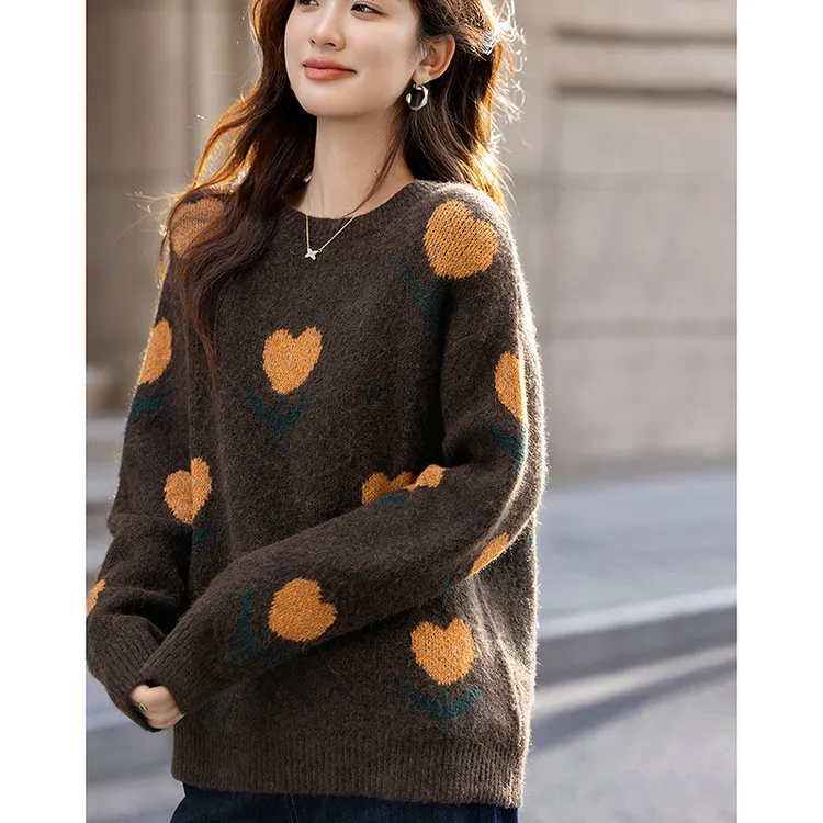 dme德玛纳冬季慵懒风撞色提花圆领线衫含绵羊毛针织衫女上衣