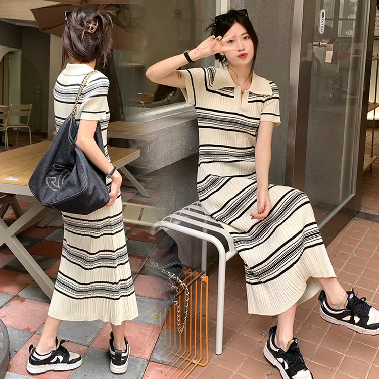 孕妇夏装连衣裙女2025新款POLO领法式翻领针织薄款条纹长裙子夏季